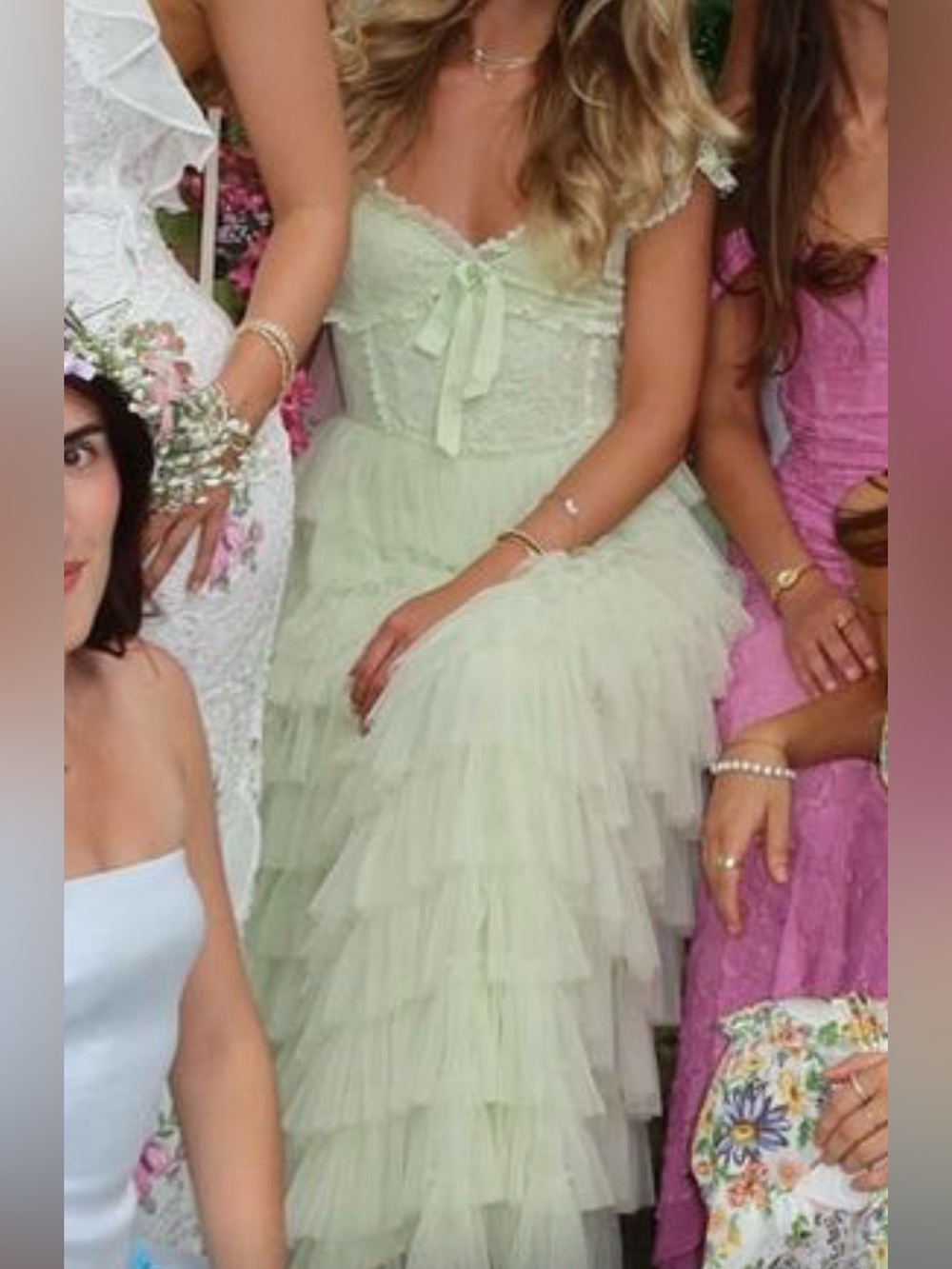Amy Jane London Lace Bodice Layered Tulle Maxi Dress in Light Green